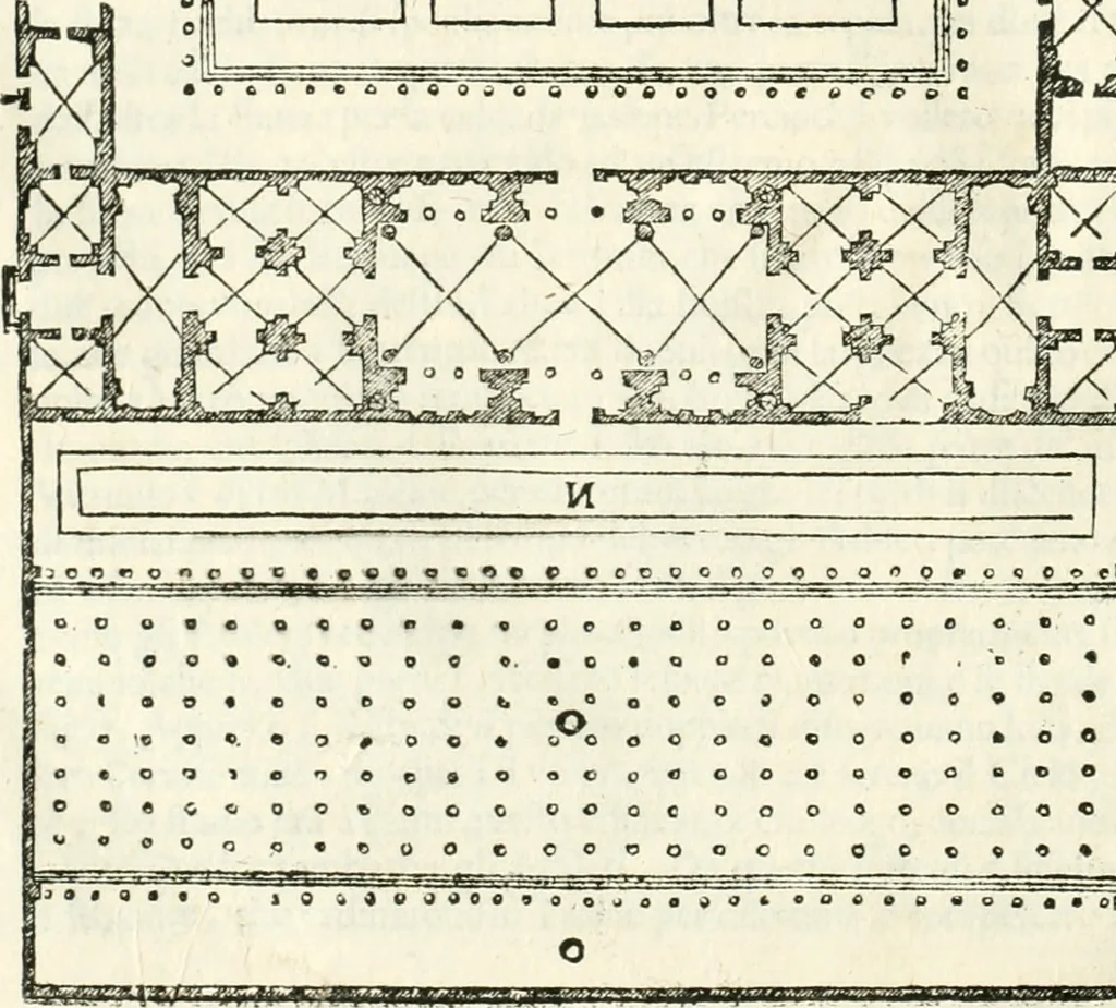 An illustration from I quattro libri dell'architettura di Andrea Palladio : ne' quali, dopò vn breue trattato de' cinque ordini, & di quelli auertimenti, che sono più necesarij nel fabricare : si tratta delle case private, delle vie, de i ponti, delle piazze, de i xisti, & de'tempij, 1616, leaf 197