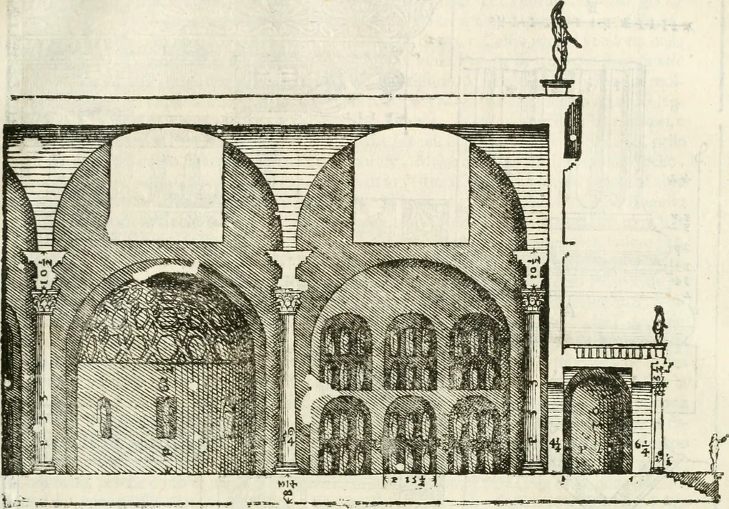 An illustration from I quattro libri dell'architettura di Andrea Palladio : ne' quali, dopò vn breue trattato de' cinque ordini, & di quelli auertimenti, che sono più necesarij nel fabricare : si tratta delle case private, delle vie, de i ponti, delle piazze, de i xisti, & de'tempij, 1616, leaf 210
