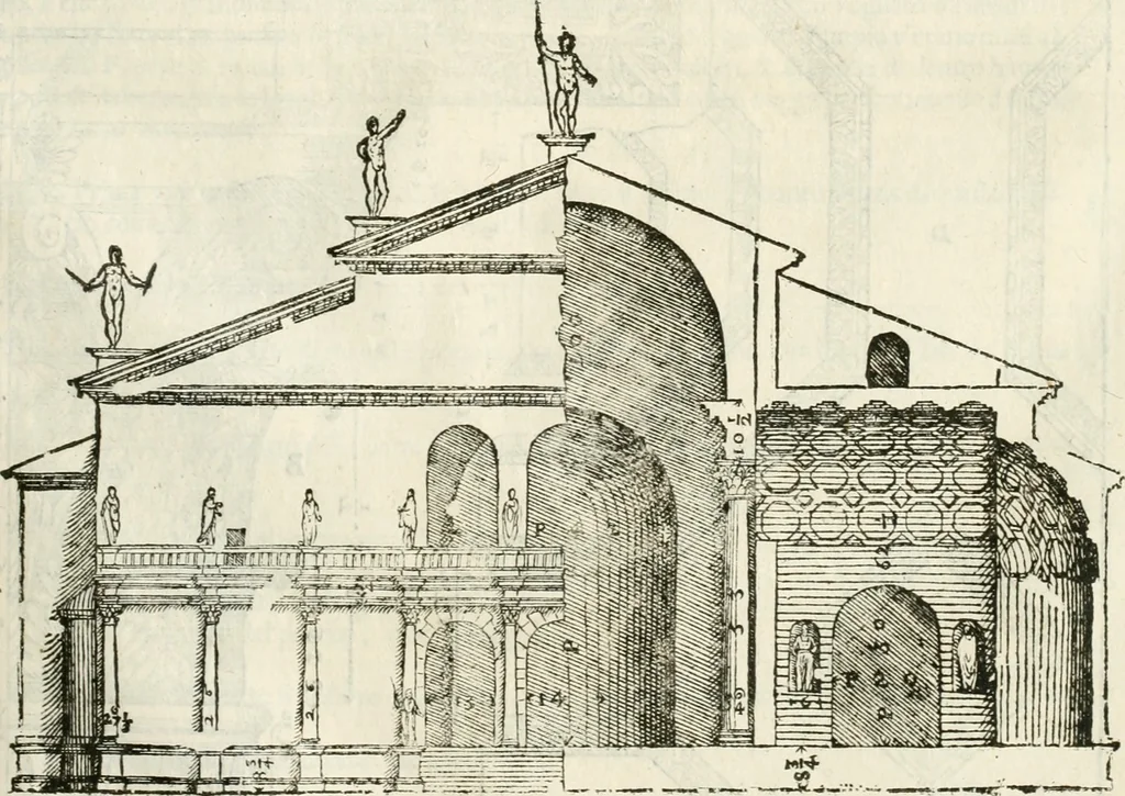 An illustration from I quattro libri dell'architettura di Andrea Palladio : ne' quali, dopò vn breue trattato de' cinque ordini, & di quelli auertimenti, che sono più necesarij nel fabricare : si tratta delle case private, delle vie, de i ponti, delle piazze, de i xisti, & de'tempij, 1616, leaf 210