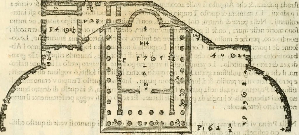An illustration from I quattro libri dell'architettura di Andrea Palladio : ne' quali, dopò vn breue trattato de' cinque ordini, & di quelli auertimenti, che sono più necesarij nel fabricare : si tratta delle case private, delle vie, de i ponti, delle piazze, de i xisti, & de'tempij, 1616, leaf 213