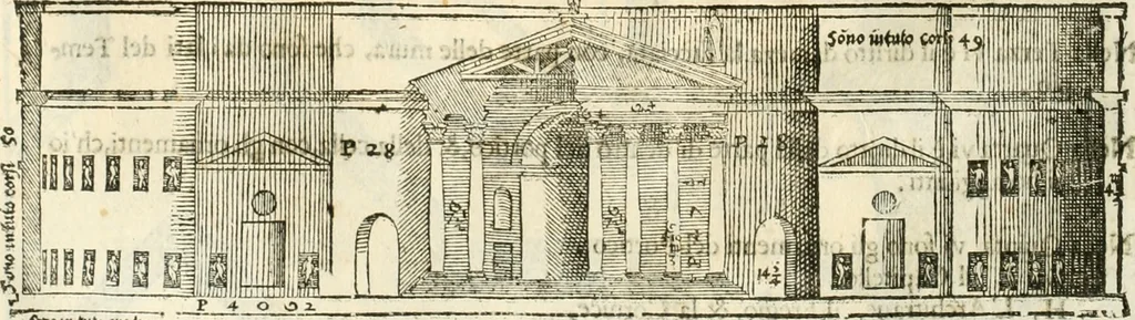 An illustration from I quattro libri dell'architettura di Andrea Palladio : ne' quali, dopò vn breue trattato de' cinque ordini, & di quelli auertimenti, che sono più necesarij nel fabricare : si tratta delle case private, delle vie, de i ponti, delle piazze, de i xisti, & de'tempij, 1616, leaf 213