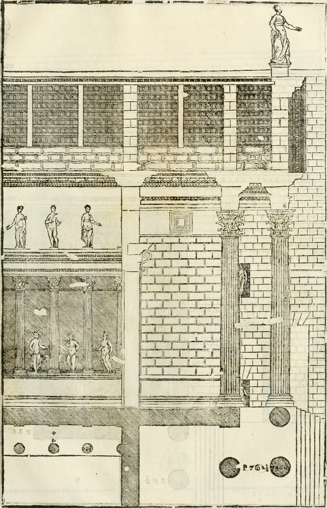 An illustration from I quattro libri dell'architettura di Andrea Palladio : ne' quali, dopò vn breue trattato de' cinque ordini, & di quelli auertimenti, che sono più necesarij nel fabricare : si tratta delle case private, delle vie, de i ponti, delle piazze, de i xisti, & de'tempij, 1616, leaf 214