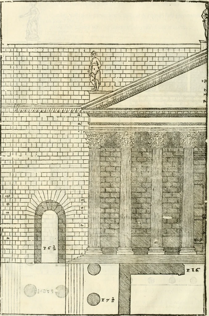 An illustration from I quattro libri dell'architettura di Andrea Palladio : ne' quali, dopò vn breue trattato de' cinque ordini, & di quelli auertimenti, che sono più necesarij nel fabricare : si tratta delle case private, delle vie, de i ponti, delle piazze, de i xisti, & de'tempij, 1616, leaf 215