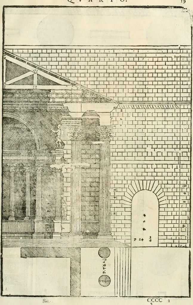 An illustration from I quattro libri dell'architettura di Andrea Palladio : ne' quali, dopò vn breue trattato de' cinque ordini, & di quelli auertimenti, che sono più necesarij nel fabricare : si tratta delle case private, delle vie, de i ponti, delle piazze, de i xisti, & de'tempij, 1616, leaf 216