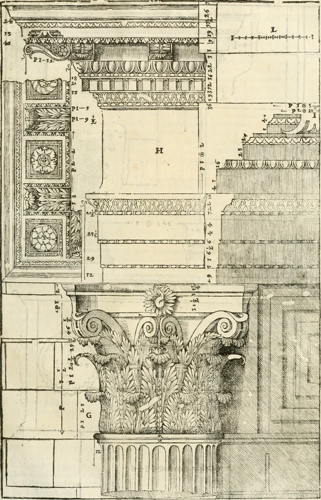 An illustration from I quattro libri dell'architettura di Andrea Palladio : ne' quali, dopò vn breue trattato de' cinque ordini, & di quelli auertimenti, che sono più necesarij nel fabricare : si tratta delle case private, delle vie, de i ponti, delle piazze, de i xisti, & de'tempij, 1616, leaf 218