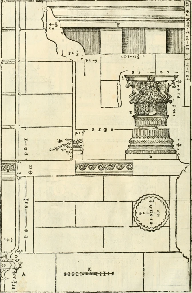 An illustration from I quattro libri dell'architettura di Andrea Palladio : ne' quali, dopò vn breue trattato de' cinque ordini, & di quelli auertimenti, che sono più necesarij nel fabricare : si tratta delle case private, delle vie, de i ponti, delle piazze, de i xisti, & de'tempij, 1616, leaf 219