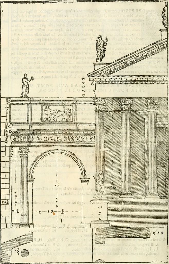 An illustration from I quattro libri dell'architettura di Andrea Palladio : ne' quali, dopò vn breue trattato de' cinque ordini, & di quelli auertimenti, che sono più necesarij nel fabricare : si tratta delle case private, delle vie, de i ponti, delle piazze, de i xisti, & de'tempij, 1616, leaf 221