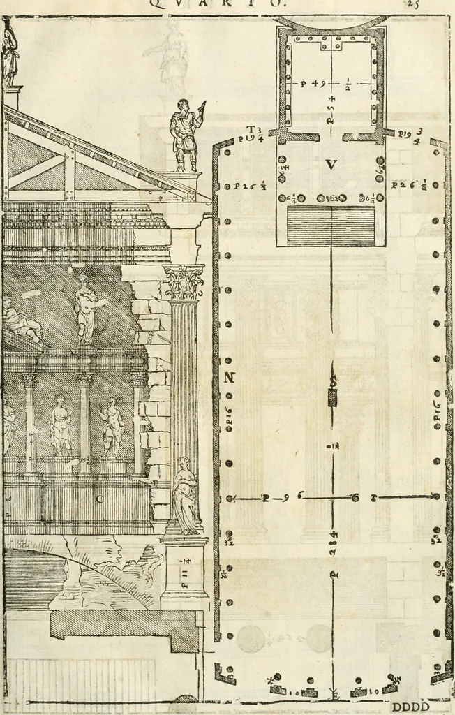 An illustration from I quattro libri dell'architettura di Andrea Palladio : ne' quali, dopò vn breue trattato de' cinque ordini, & di quelli auertimenti, che sono più necesarij nel fabricare : si tratta delle case private, delle vie, de i ponti, delle piazze, de i xisti, & de'tempij, 1616, leaf 222