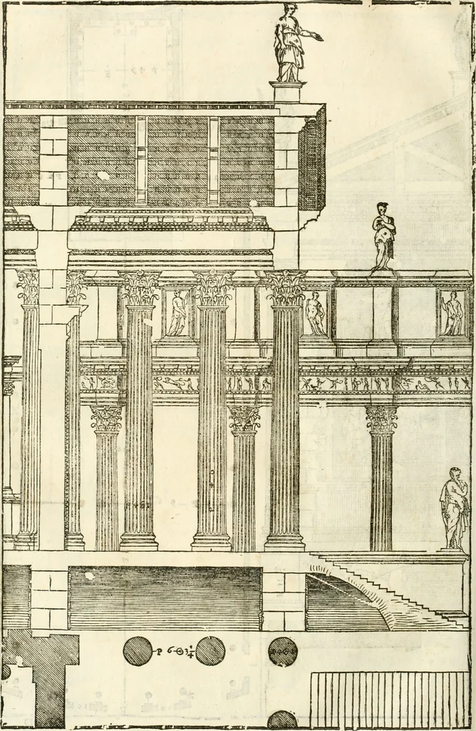 An illustration from I quattro libri dell'architettura di Andrea Palladio : ne' quali, dopò vn breue trattato de' cinque ordini, & di quelli auertimenti, che sono più necesarij nel fabricare : si tratta delle case private, delle vie, de i ponti, delle piazze, de i xisti, & de'tempij, 1616, leaf 223
