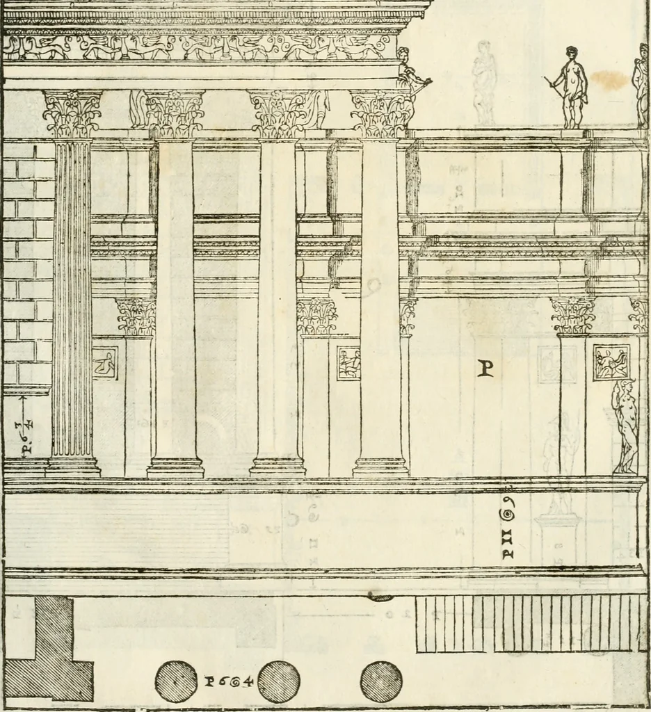 An illustration from I quattro libri dell'architettura di Andrea Palladio : ne' quali, dopò vn breue trattato de' cinque ordini, & di quelli auertimenti, che sono più necesarij nel fabricare : si tratta delle case private, delle vie, de i ponti, delle piazze, de i xisti, & de'tempij, 1616, leaf 228