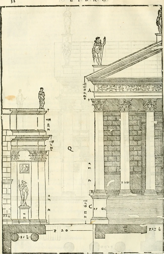 An illustration from I quattro libri dell'architettura di Andrea Palladio : ne' quali, dopò vn breue trattato de' cinque ordini, & di quelli auertimenti, che sono più necesarij nel fabricare : si tratta delle case private, delle vie, de i ponti, delle piazze, de i xisti, & de'tempij, 1616, leaf 229