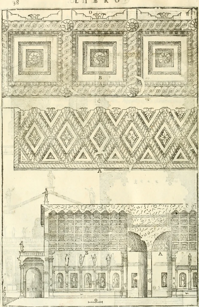 An illustration from I quattro libri dell'architettura di Andrea Palladio : ne' quali, dopò vn breue trattato de' cinque ordini, & di quelli auertimenti, che sono più necesarij nel fabricare : si tratta delle case private, delle vie, de i ponti, delle piazze, de i xisti, & de'tempij, 1616, leaf 235