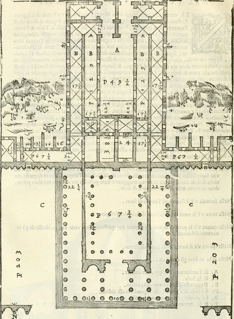 An illustration from I quattro libri dell'architettura di Andrea Palladio : ne' quali, dopò vn breue trattato de' cinque ordini, & di quelli auertimenti, che sono più necesarij nel fabricare : si tratta delle case private, delle vie, de i ponti, delle piazze, de i xisti, & de'tempij, 1616, leaf 239