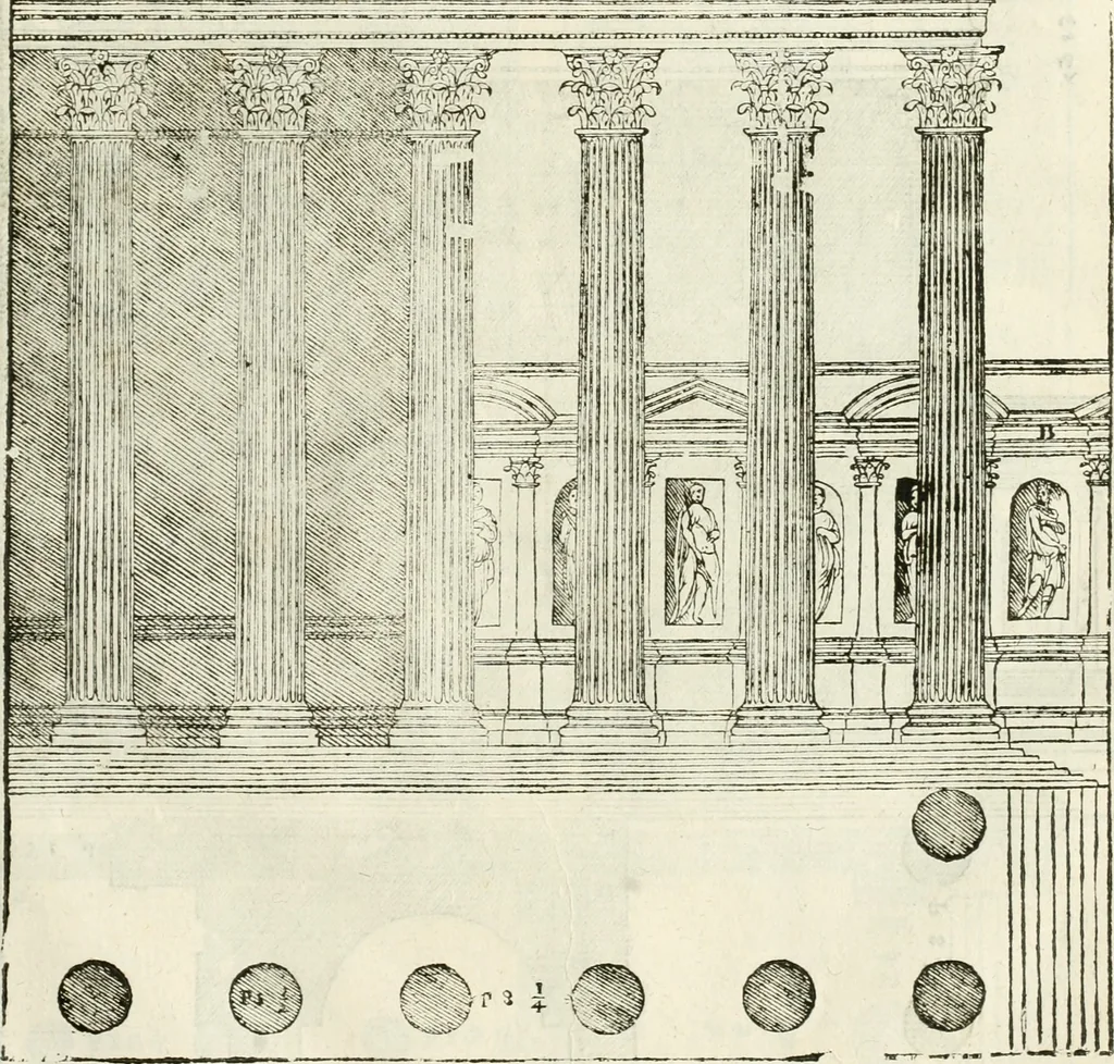 An illustration from I quattro libri dell'architettura di Andrea Palladio : ne' quali, dopò vn breue trattato de' cinque ordini, & di quelli auertimenti, che sono più necesarij nel fabricare : si tratta delle case private, delle vie, de i ponti, delle piazze, de i xisti, & de'tempij, 1616, leaf 240