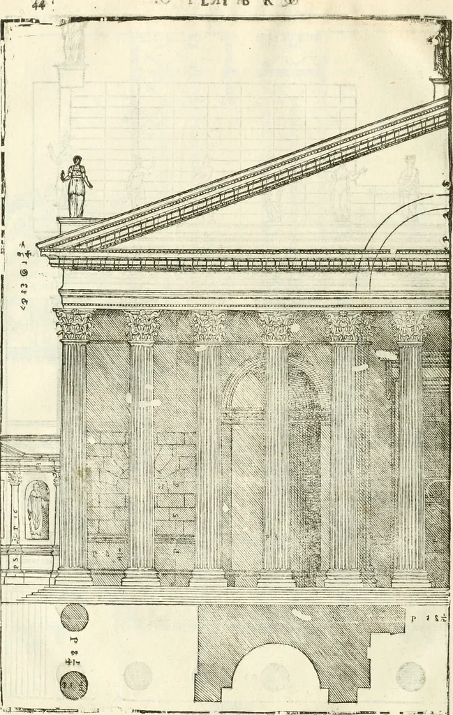 An illustration from I quattro libri dell'architettura di Andrea Palladio : ne' quali, dopò vn breue trattato de' cinque ordini, & di quelli auertimenti, che sono più necesarij nel fabricare : si tratta delle case private, delle vie, de i ponti, delle piazze, de i xisti, & de'tempij, 1616, leaf 241