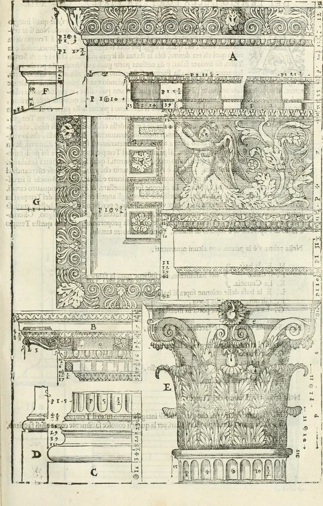 An illustration from I quattro libri dell'architettura di Andrea Palladio : ne' quali, dopò vn breue trattato de' cinque ordini, & di quelli auertimenti, che sono più necesarij nel fabricare : si tratta delle case private, delle vie, de i ponti, delle piazze, de i xisti, & de'tempij, 1616, leaf 244