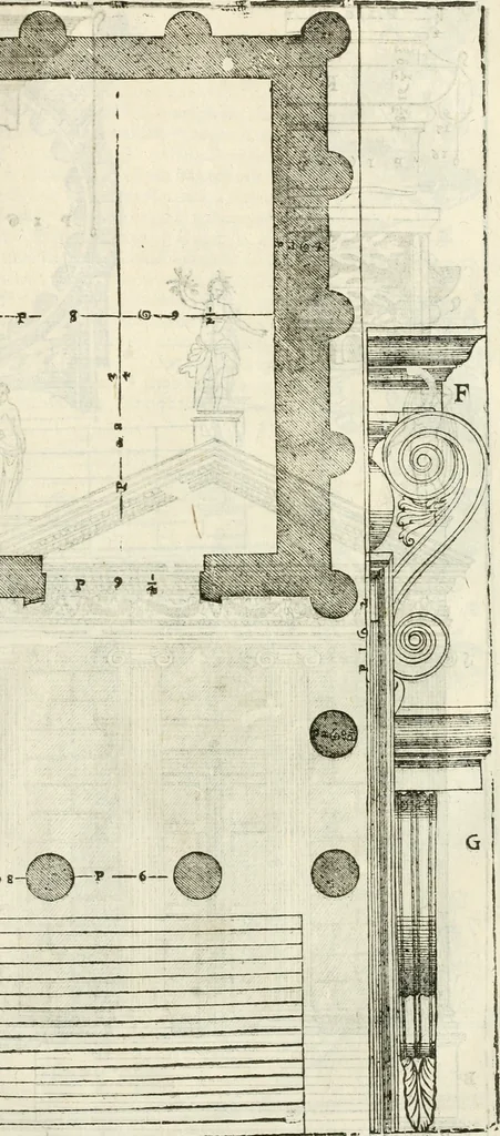 An illustration from I quattro libri dell'architettura di Andrea Palladio : ne' quali, dopò vn breue trattato de' cinque ordini, & di quelli auertimenti, che sono più necesarij nel fabricare : si tratta delle case private, delle vie, de i ponti, delle piazze, de i xisti, & de'tempij, 1616, leaf 246