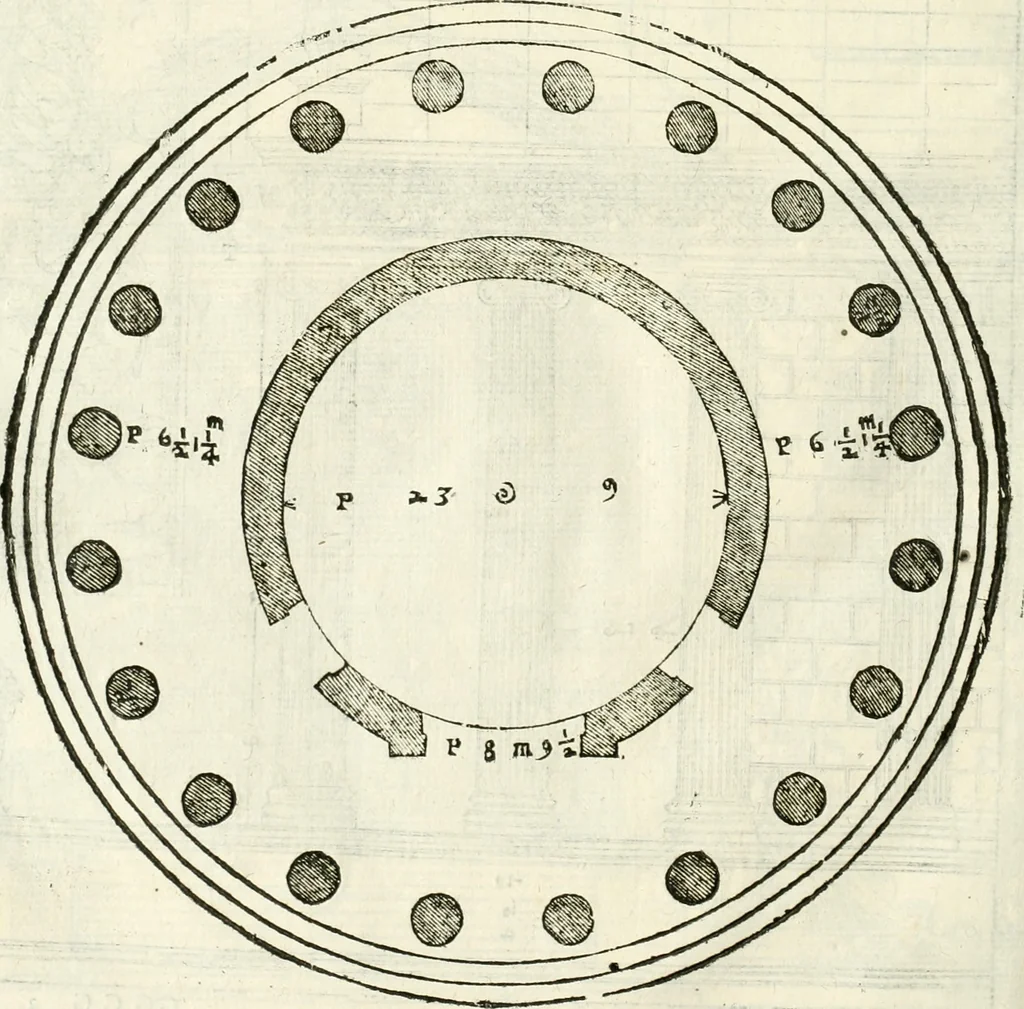 An illustration from I quattro libri dell'architettura di Andrea Palladio : ne' quali, dopò vn breue trattato de' cinque ordini, & di quelli auertimenti, che sono più necesarij nel fabricare : si tratta delle case private, delle vie, de i ponti, delle piazze, de i xisti, & de'tempij, 1616, leaf 249