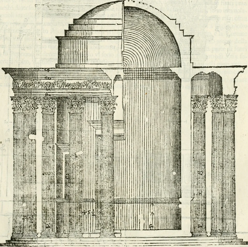 An illustration from I quattro libri dell'architettura di Andrea Palladio : ne' quali, dopò vn breue trattato de' cinque ordini, & di quelli auertimenti, che sono più necesarij nel fabricare : si tratta delle case private, delle vie, de i ponti, delle piazze, de i xisti, & de'tempij, 1616, leaf 250