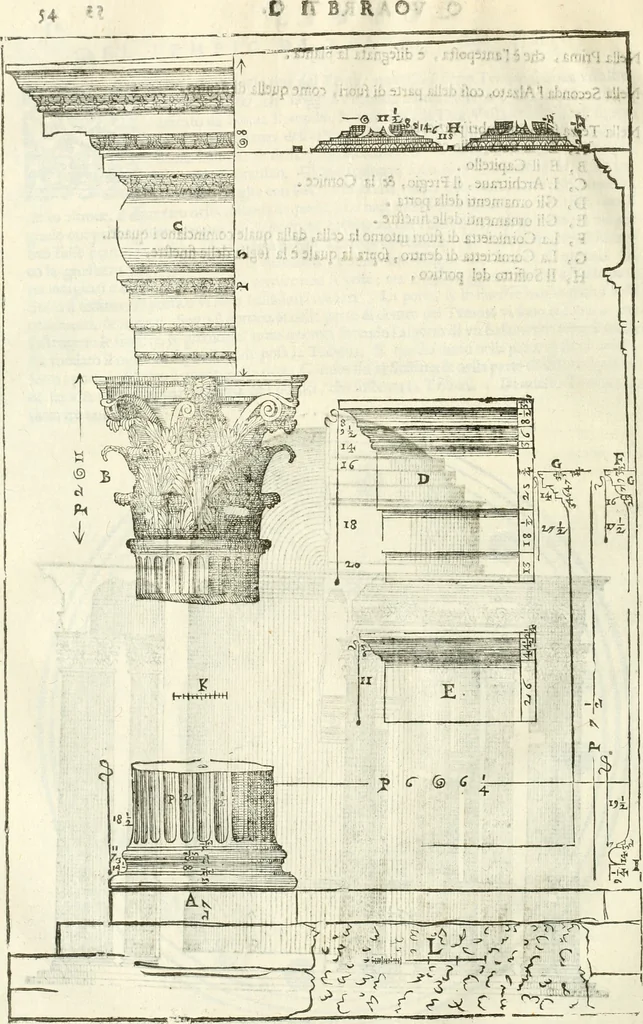 An illustration from I quattro libri dell'architettura di Andrea Palladio : ne' quali, dopò vn breue trattato de' cinque ordini, & di quelli auertimenti, che sono più necesarij nel fabricare : si tratta delle case private, delle vie, de i ponti, delle piazze, de i xisti, & de'tempij, 1616, leaf 251
