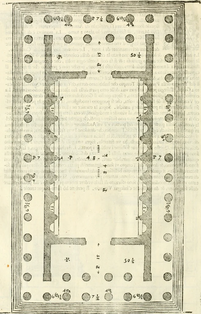 An illustration from I quattro libri dell'architettura di Andrea Palladio : ne' quali, dopò vn breue trattato de' cinque ordini, & di quelli auertimenti, che sono più necesarij nel fabricare : si tratta delle case private, delle vie, de i ponti, delle piazze, de i xisti, & de'tempij, 1616, leaf 253