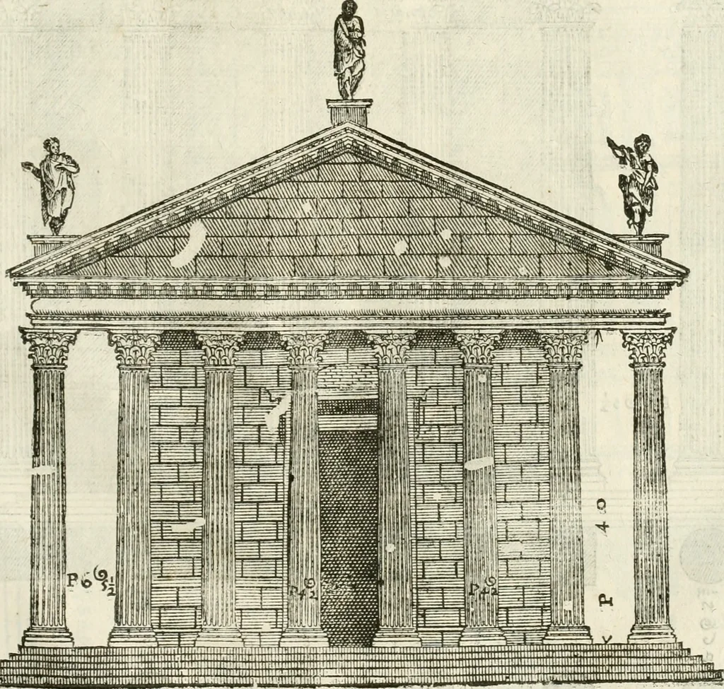 An illustration from I quattro libri dell'architettura di Andrea Palladio : ne' quali, dopò vn breue trattato de' cinque ordini, & di quelli auertimenti, che sono più necesarij nel fabricare : si tratta delle case private, delle vie, de i ponti, delle piazze, de i xisti, & de'tempij, 1616, leaf 254