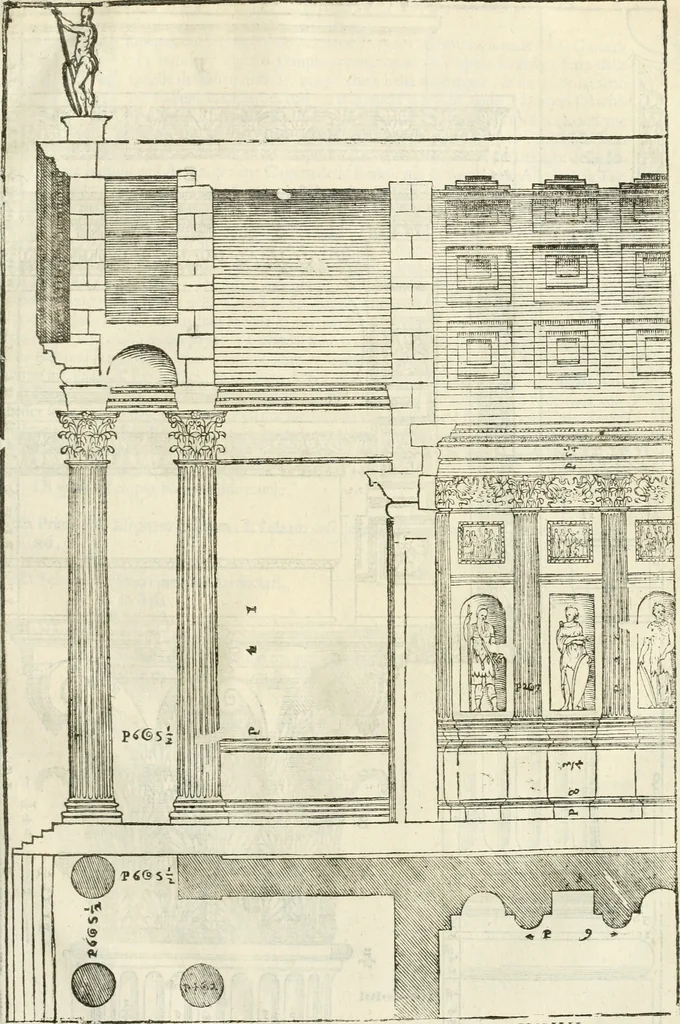 An illustration from I quattro libri dell'architettura di Andrea Palladio : ne' quali, dopò vn breue trattato de' cinque ordini, & di quelli auertimenti, che sono più necesarij nel fabricare : si tratta delle case private, delle vie, de i ponti, delle piazze, de i xisti, & de'tempij, 1616, leaf 256