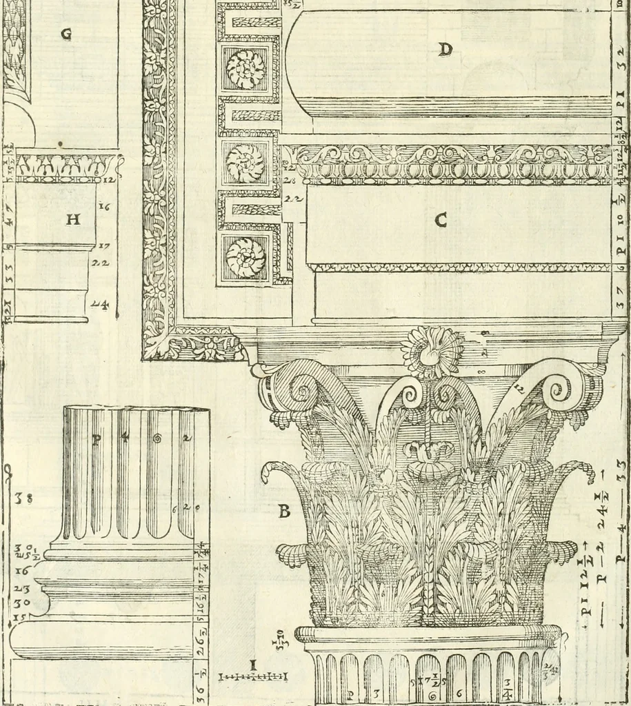 An illustration from I quattro libri dell'architettura di Andrea Palladio : ne' quali, dopò vn breue trattato de' cinque ordini, & di quelli auertimenti, che sono più necesarij nel fabricare : si tratta delle case private, delle vie, de i ponti, delle piazze, de i xisti, & de'tempij, 1616, leaf 257
