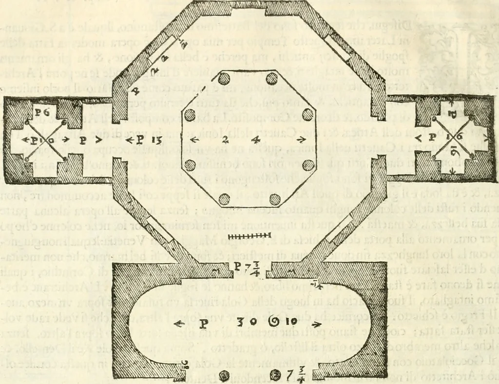 An illustration from I quattro libri dell'architettura di Andrea Palladio : ne' quali, dopò vn breue trattato de' cinque ordini, & di quelli auertimenti, che sono più necesarij nel fabricare : si tratta delle case private, delle vie, de i ponti, delle piazze, de i xisti, & de'tempij, 1616, leaf 259