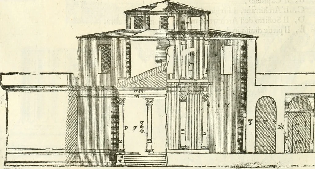 An illustration from I quattro libri dell'architettura di Andrea Palladio : ne' quali, dopò vn breue trattato de' cinque ordini, & di quelli auertimenti, che sono più necesarij nel fabricare : si tratta delle case private, delle vie, de i ponti, delle piazze, de i xisti, & de'tempij, 1616, leaf 259