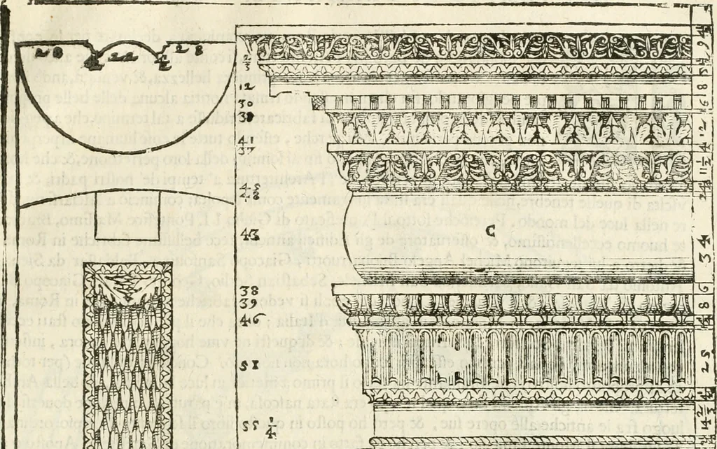 An illustration from I quattro libri dell'architettura di Andrea Palladio : ne' quali, dopò vn breue trattato de' cinque ordini, & di quelli auertimenti, che sono più necesarij nel fabricare : si tratta delle case private, delle vie, de i ponti, delle piazze, de i xisti, & de'tempij, 1616, leaf 260