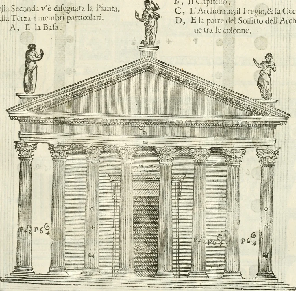 An illustration from I quattro libri dell'architettura di Andrea Palladio : ne' quali, dopò vn breue trattato de' cinque ordini, & di quelli auertimenti, che sono più necesarij nel fabricare : si tratta delle case private, delle vie, de i ponti, delle piazze, de i xisti, & de'tempij, 1616, leaf 264