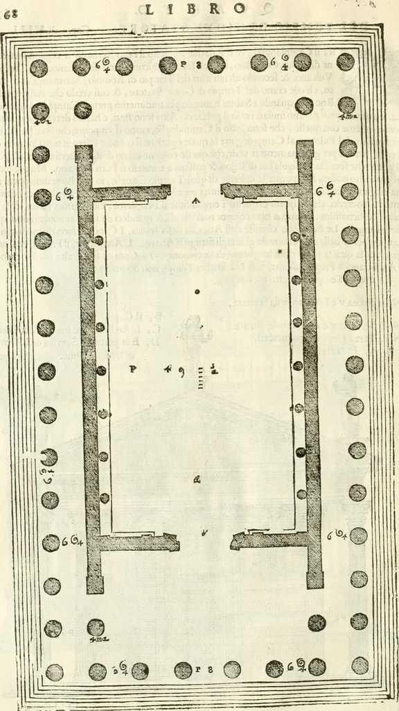 An illustration from I quattro libri dell'architettura di Andrea Palladio : ne' quali, dopò vn breue trattato de' cinque ordini, & di quelli auertimenti, che sono più necesarij nel fabricare : si tratta delle case private, delle vie, de i ponti, delle piazze, de i xisti, & de'tempij, 1616, leaf 265