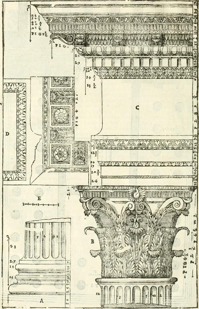 An illustration from I quattro libri dell'architettura di Andrea Palladio : ne' quali, dopò vn breue trattato de' cinque ordini, & di quelli auertimenti, che sono più necesarij nel fabricare : si tratta delle case private, delle vie, de i ponti, delle piazze, de i xisti, & de'tempij, 1616, leaf 269
