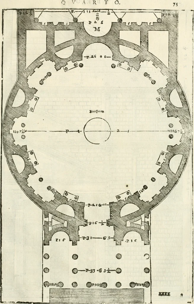 An illustration from I quattro libri dell'architettura di Andrea Palladio : ne' quali, dopò vn breue trattato de' cinque ordini, & di quelli auertimenti, che sono più necesarij nel fabricare : si tratta delle case private, delle vie, de i ponti, delle piazze, de i xisti, & de'tempij, 1616, leaf 272