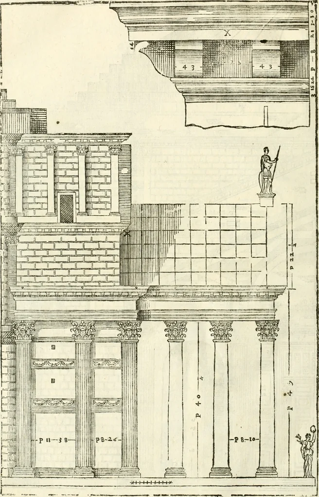 An illustration from I quattro libri dell'architettura di Andrea Palladio : ne' quali, dopò vn breue trattato de' cinque ordini, & di quelli auertimenti, che sono più necesarij nel fabricare : si tratta delle case private, delle vie, de i ponti, delle piazze, de i xisti, & de'tempij, 1616, leaf 275
