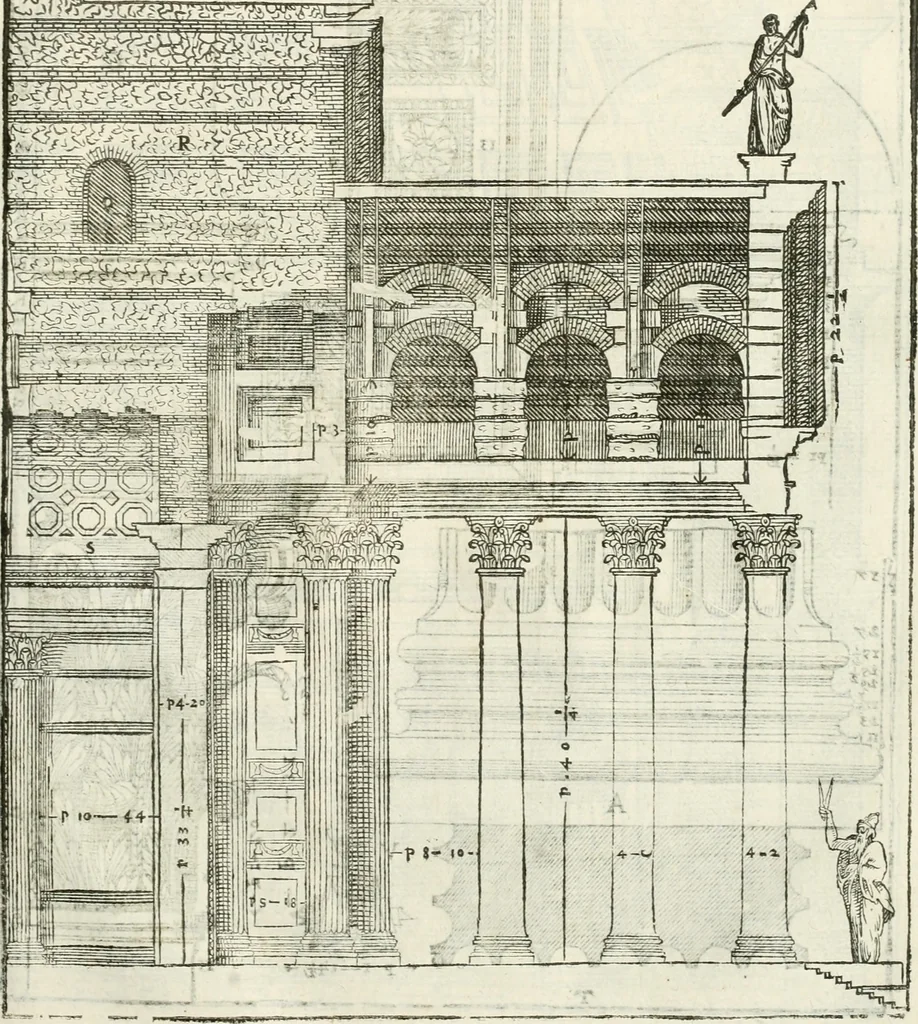 An illustration from I quattro libri dell'architettura di Andrea Palladio : ne' quali, dopò vn breue trattato de' cinque ordini, & di quelli auertimenti, che sono più necesarij nel fabricare : si tratta delle case private, delle vie, de i ponti, delle piazze, de i xisti, & de'tempij, 1616, leaf 276