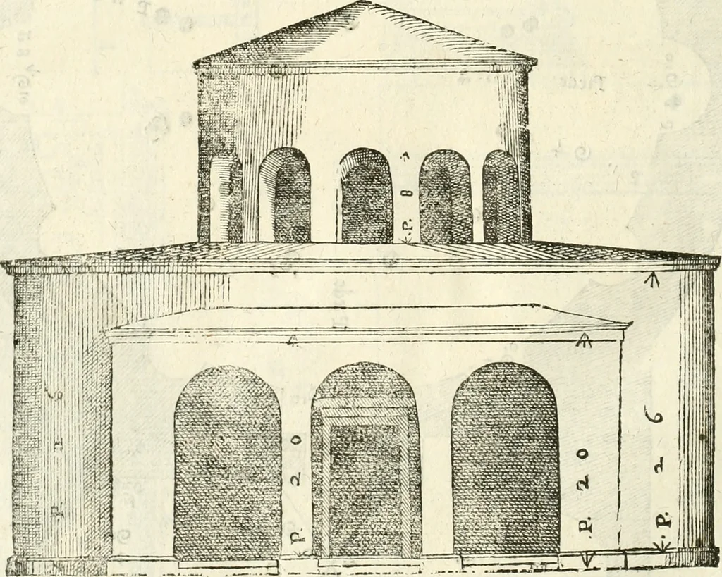 An illustration from I quattro libri dell'architettura di Andrea Palladio : ne' quali, dopò vn breue trattato de' cinque ordini, & di quelli auertimenti, che sono più necesarij nel fabricare : si tratta delle case private, delle vie, de i ponti, delle piazze, de i xisti, & de'tempij, 1616, leaf 283