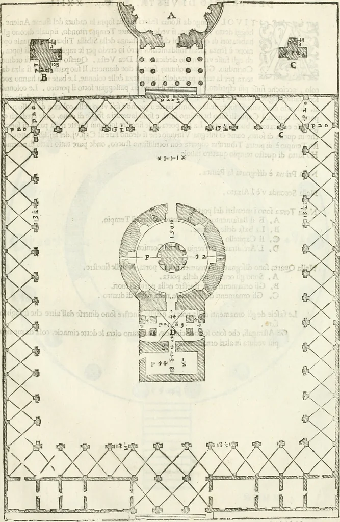 An illustration from I quattro libri dell'architettura di Andrea Palladio : ne' quali, dopò vn breue trattato de' cinque ordini, & di quelli auertimenti, che sono più necesarij nel fabricare : si tratta delle case private, delle vie, de i ponti, delle piazze, de i xisti, & de'tempij, 1616, leaf 286