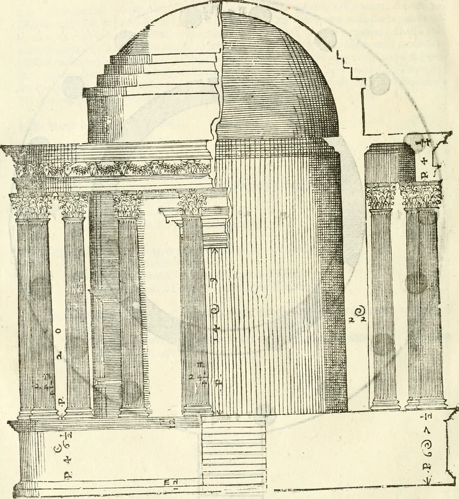 An illustration from I quattro libri dell'architettura di Andrea Palladio : ne' quali, dopò vn breue trattato de' cinque ordini, & di quelli auertimenti, che sono più necesarij nel fabricare : si tratta delle case private, delle vie, de i ponti, delle piazze, de i xisti, & de'tempij, 1616, leaf 289