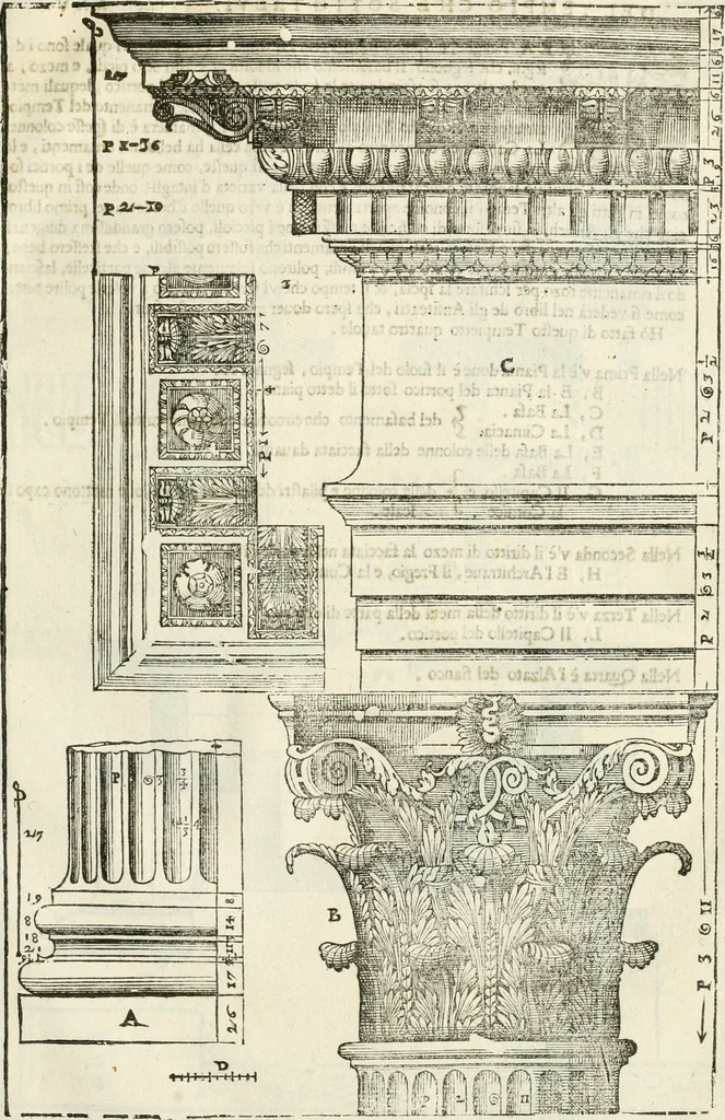 An illustration from I quattro libri dell'architettura di Andrea Palladio : ne' quali, dopò vn breue trattato de' cinque ordini, & di quelli auertimenti, che sono più necesarij nel fabricare : si tratta delle case private, delle vie, de i ponti, delle piazze, de i xisti, & de'tempij, 1616, leaf 294