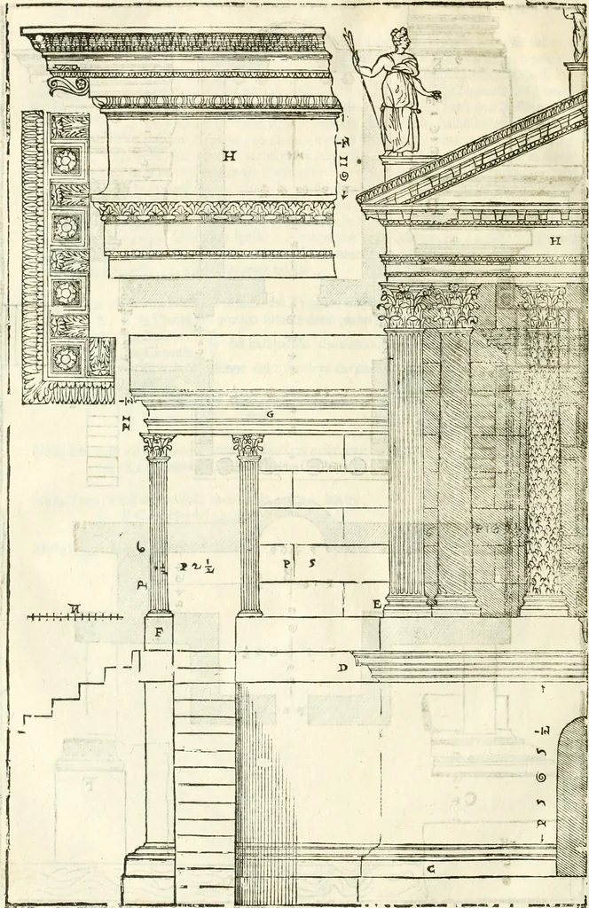 An illustration from I quattro libri dell'architettura di Andrea Palladio : ne' quali, dopò vn breue trattato de' cinque ordini, & di quelli auertimenti, che sono più necesarij nel fabricare : si tratta delle case private, delle vie, de i ponti, delle piazze, de i xisti, & de'tempij, 1616, leaf 297