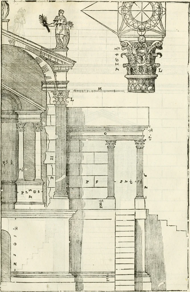 An illustration from I quattro libri dell'architettura di Andrea Palladio : ne' quali, dopò vn breue trattato de' cinque ordini, & di quelli auertimenti, che sono più necesarij nel fabricare : si tratta delle case private, delle vie, de i ponti, delle piazze, de i xisti, & de'tempij, 1616, leaf 298