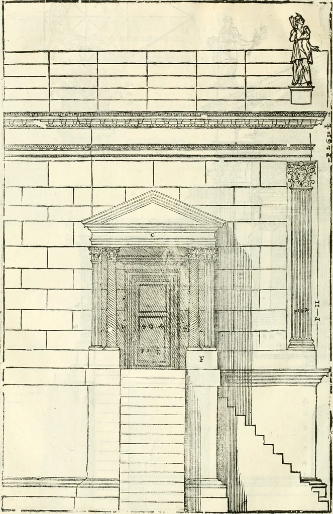 An illustration from I quattro libri dell'architettura di Andrea Palladio : ne' quali, dopò vn breue trattato de' cinque ordini, & di quelli auertimenti, che sono più necesarij nel fabricare : si tratta delle case private, delle vie, de i ponti, delle piazze, de i xisti, & de'tempij, 1616, leaf 299