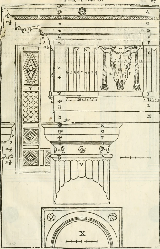 An illustration from I quattro libri dell'architettura di Andrea Palladio : ne' quali, dopò vn breue trattato de' cinque ordini, & di quelli auertimenti, che sono più necesarij nel fabricare : si tratta delle case private, delle vie, de i ponti, delle piazze, de i xisti, & de'tempij, 1616, leaf 30