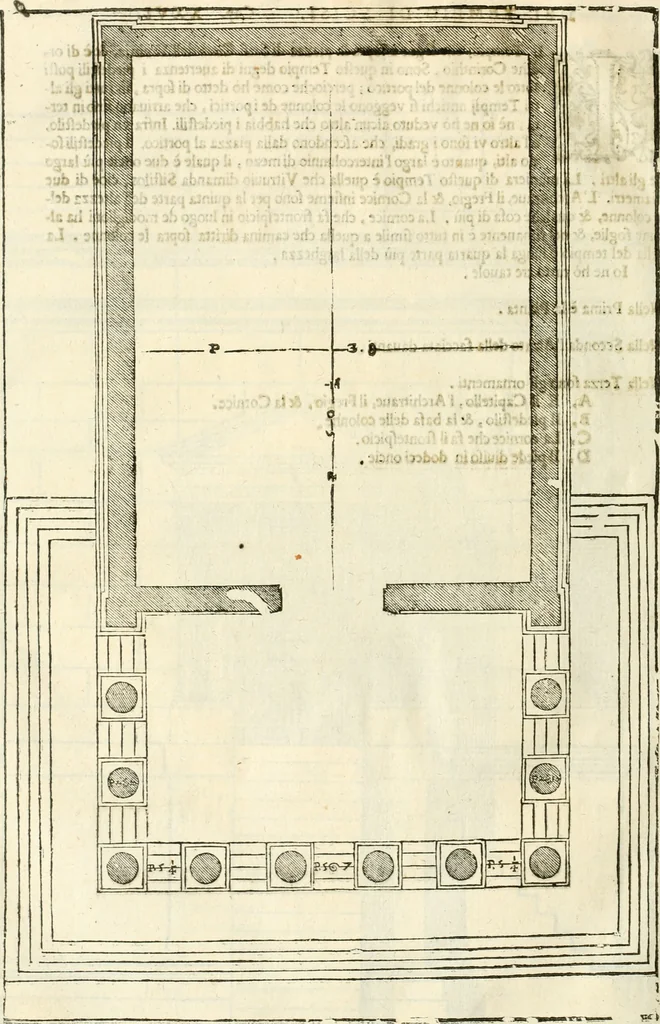 An illustration from I quattro libri dell'architettura di Andrea Palladio : ne' quali, dopò vn breue trattato de' cinque ordini, & di quelli auertimenti, che sono più necesarij nel fabricare : si tratta delle case private, delle vie, de i ponti, delle piazze, de i xisti, & de'tempij, 1616, leaf 301