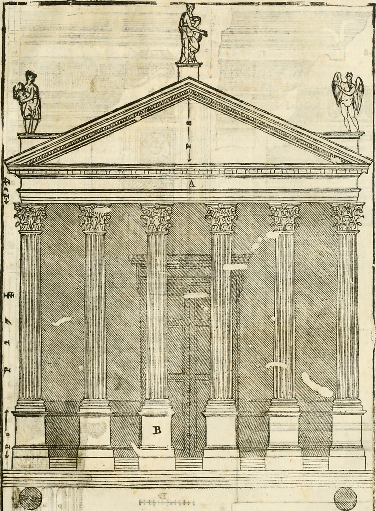 An illustration from I quattro libri dell'architettura di Andrea Palladio : ne' quali, dopò vn breue trattato de' cinque ordini, & di quelli auertimenti, che sono più necesarij nel fabricare : si tratta delle case private, delle vie, de i ponti, delle piazze, de i xisti, & de'tempij, 1616, leaf 302