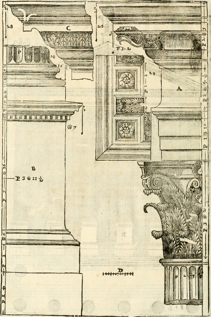 An illustration from I quattro libri dell'architettura di Andrea Palladio : ne' quali, dopò vn breue trattato de' cinque ordini, & di quelli auertimenti, che sono più necesarij nel fabricare : si tratta delle case private, delle vie, de i ponti, delle piazze, de i xisti, & de'tempij, 1616, leaf 303