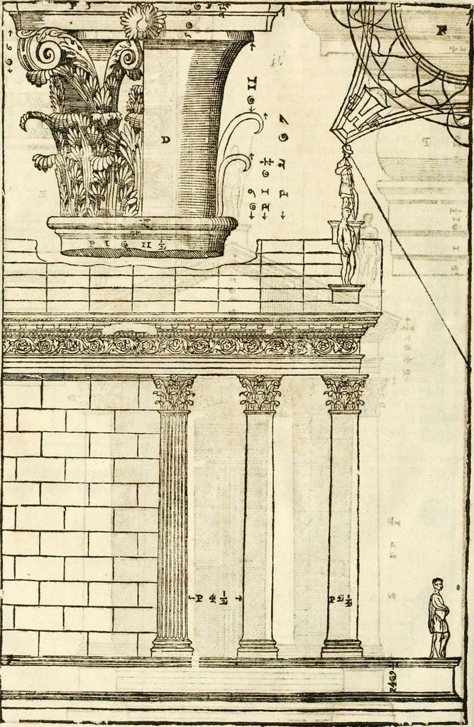 An illustration from I quattro libri dell'architettura di Andrea Palladio : ne' quali, dopò vn breue trattato de' cinque ordini, & di quelli auertimenti, che sono più necesarij nel fabricare : si tratta delle case private, delle vie, de i ponti, delle piazze, de i xisti, & de'tempij, 1616, leaf 307