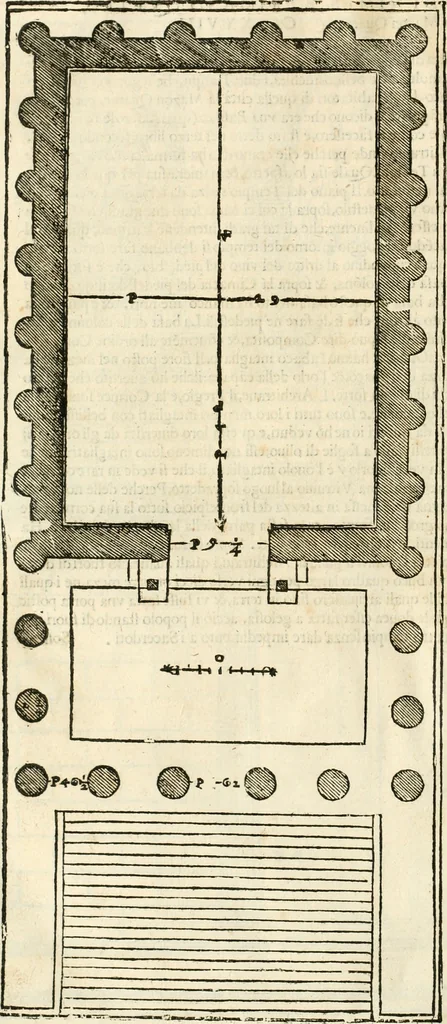 An illustration from I quattro libri dell'architettura di Andrea Palladio : ne' quali, dopò vn breue trattato de' cinque ordini, & di quelli auertimenti, che sono più necesarij nel fabricare : si tratta delle case private, delle vie, de i ponti, delle piazze, de i xisti, & de'tempij, 1616, leaf 309